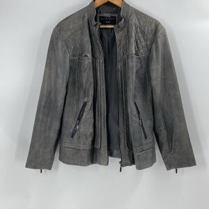 Bernardo leather grey metallic zip front jacket quilting look detail pockets